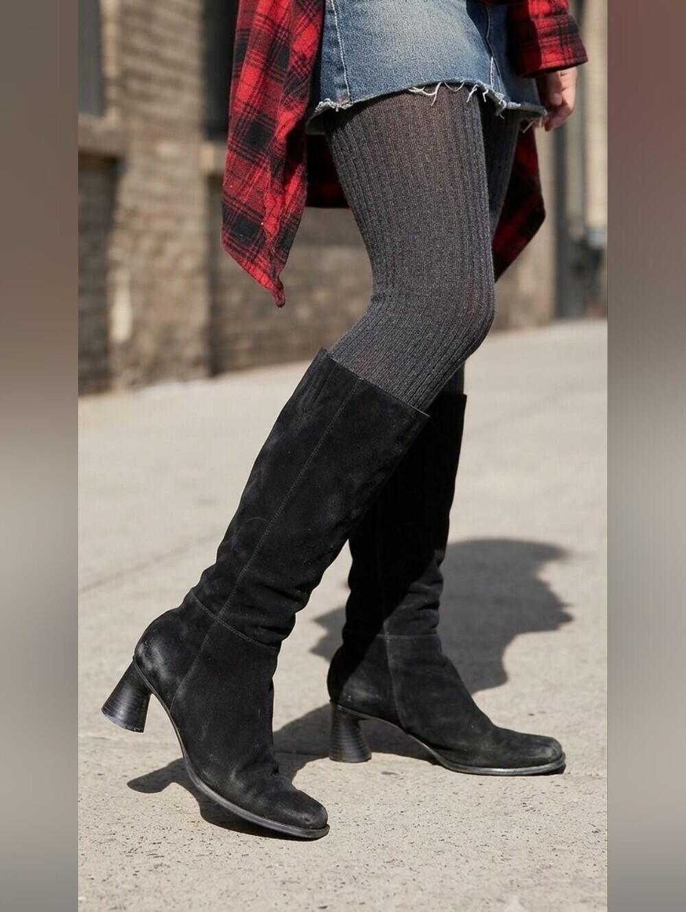 Vintage 90s/Y2K Ann Marino Black Suede Heeled Boots With Sculptural Heel | 7.5